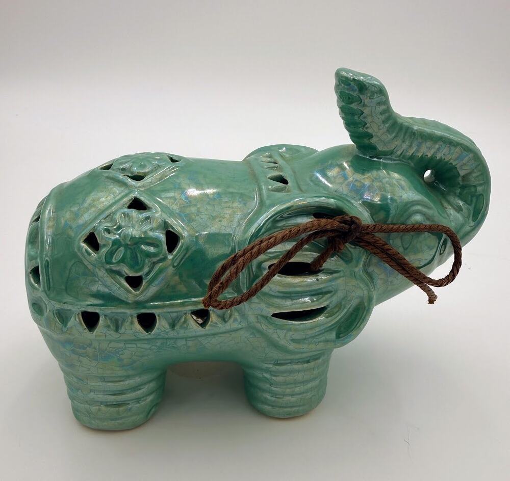 Blue Iridescent Ceramic Elephant Potpourri Holder 7"
